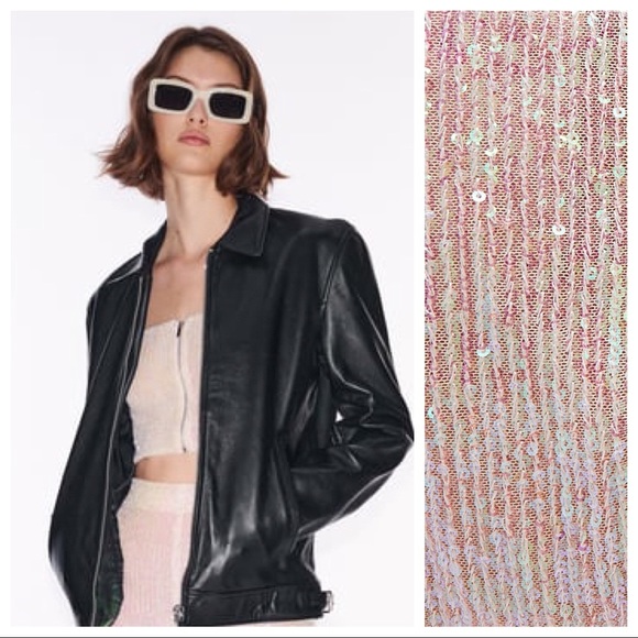 NWT. Zara Cream/Pink Sequinned Crop Top. Size M. - Picture 5 of 13